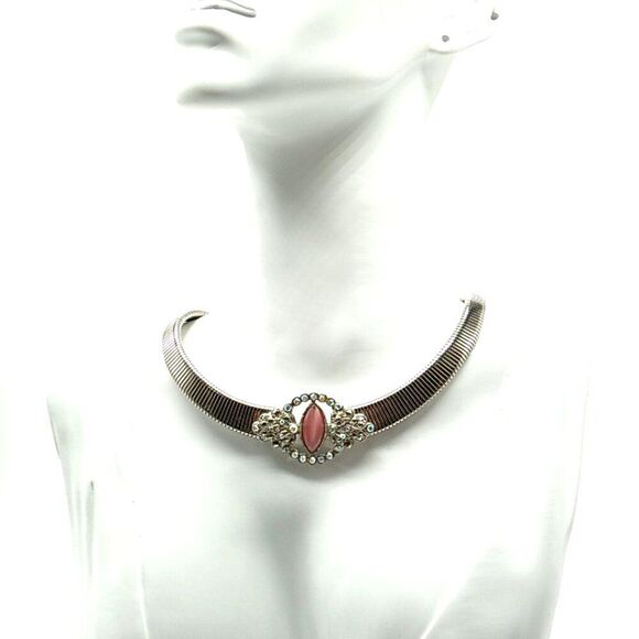 Silver-tone Flat Snake Chain with faux Gemstone & AB Rhinestones 16" Choker - Picture 2 of 13
